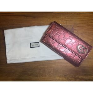 Gucci Metallic Rose Red Guccissima Continental Wallet with Dust Bag